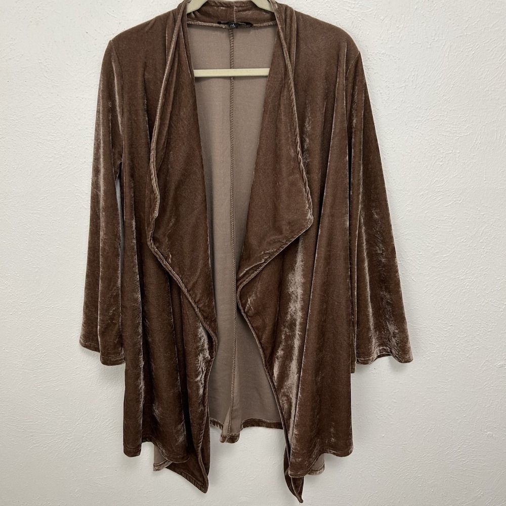 Suzanne Betro Velour Velvet Coatigan Front Duster Cardigan Caramel Brown Size L
